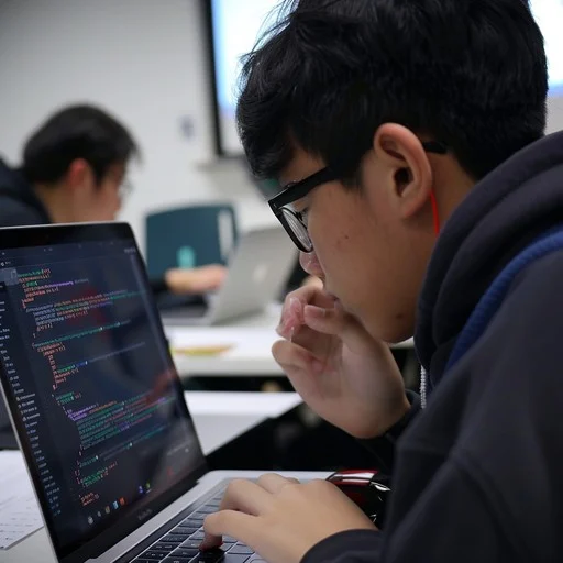 A person working on coding at a desk with a laptop